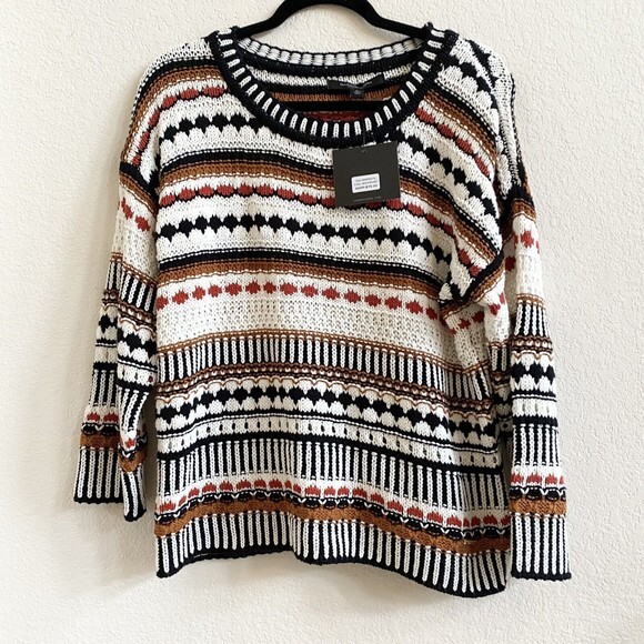 NWT Andrew Marc New York Cotton Cream Black Fall Quirky Pattern Sweater MSRP $79 - Picture 1 of 10